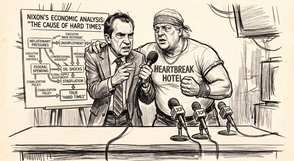 A black-and-white sketch recreation of a shelved 1985 Jim Crockett Promotions studio promo. A stern Richard Nixon in a suit leans over a desk next to an intense, bandana-clad Dusty Rhodes, who is wearing a "Heartbreak Hotel" T-shirt. Nixon aggressively gestures toward a large flow-chart sign on an easel titled "Nixon's Economic Analysis: 'The Cause of Hard Times,'" which maps out stagflation, inflationary pressures, and oil shocks. Three microphones with "JCP" branding sit on the table in front of them.