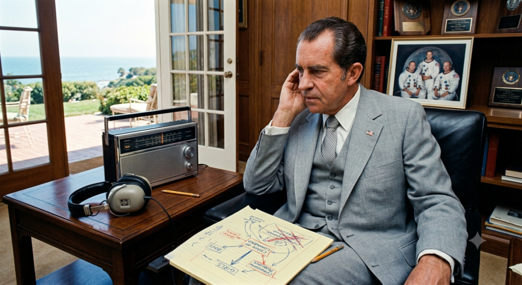 A 1970s-style color photograph of Richard Nixon in a gray suit sitting in an office at the Western White House. He looks deeply perplexed, resting his head on his hand as he listens to a vintage tabletop radio with headphones resting nearby. On his lap is a yellow legal pad filled with handwritten flowcharts, arrows, and the words "BOYS" and "GIRLS" aggressively crossed out in colored pencil.