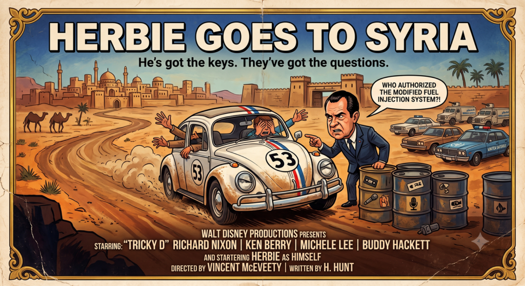 A stylized, comic-style vintage movie poster for "HERBIE GOES TO SYRIA." The top of the poster features the bold title text, with the tagline underneath reading: "He’s got the keys. They’ve got the questions." Set in a dusty, desert landscape with a middle eastern city and camels in the background, a muddy Volkswagen Beetle with racing stripes and the number "53" is caught mid-turn. A panicked man hides his eyes behind the steering wheel while multiple cartoonish hands wave wildly out of the side windows. Standing aggressively next to the car is a caricature of Richard Nixon in a dark blue suit, pointing a finger directly at the vehicle. A speech bubble from Nixon reads, "WHO AUTHORIZED THE MODIFIED FUEL INJECTION SYSTEM?!" In the background, military police cars and armored vehicles are parked. At the bottom, the billing block reads: "WALT DISNEY PRODUCTIONS PRESENTS STARRING: 'TRICKY D' RICHARD NIXON | KEN BERRY | MICHELE LEE | BUDDY HACKETT AND STARTERING HERBIE AS HIMSELF DIRECTED BY VINCENT McEVEETY | WRITTEN BY H. HUNT." The poster is framed with an ornate golden trim border.