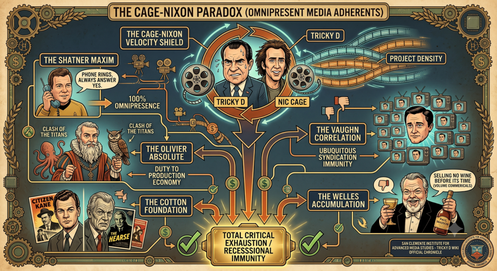 A detailed, color infographic styled like a vintage, gold-framed technical diagram explores "THE CAGE-NIXON PARADOX (OMNIPRESENT MEDIA ADHERENTS)." At the upper-center, a circular diagram labeled "THE CAGE-NIXON VELOCITY SHIELD" contains caricature portraits of Richard Nixon and a long-haired Nicolas Cage, surrounded by rotating arrows and film reels. To the left, a cartoon illustration labeled "THE SHATNER MAXIM" features William Shatner in a classic yellow Star Trek uniform talking into a telephone receiver with a speech bubble reading, "PHONE RINGS, ALWAYS ANSWER YES," leading to a box labeled "100% OMNIPRESENCE." Below Shatner, Sir Laurence Olivier is illustrated as Zeus from Clash of the Titans, holding a mechanical owl next to a cartoon octopus, labeled "THE OLIVIER ABSOLUTE / DUTY TO PRODUCTION ECONOMY." In the bottom-left corner, labeled "THE COTTON FOUNDATION," are illustrated movie posters for Citizen Kane and Joseph Cotten in the 1980 horror film The Hearse. To the right, intricate film strips weave through a box labeled "PROJECT DENSITY," leading down to a section labeled "THE VAUGHN CORRELATION" which shows a grid of retro television screens all broadcasting the same man's face, representing "UBIQUITOUS SYNDICATION IMMUNITY." Below this, "THE WELLES ACCUMULATION" features an illustrated Orson Welles smiling, holding a glass and a bottle of Paul Masson wine, with a speech bubble that reads, "SELLING NO WINE BEFORE ITS TIME (VOLUME COMMERCIALS)." All pathways of arrows, movie cameras, and dollar signs converge at a glowing golden plaque at the bottom-center that reads, "TOTAL CRITICAL EXHAUSTION / RECESSIONAL IMMUNITY." The diagram is attributed to the "SAN CLEMENTE INSTITUTE FOR ADVANCED MEDIA STUDIES - TRICKY D WIKI OFFICIAL CHRONICLE."