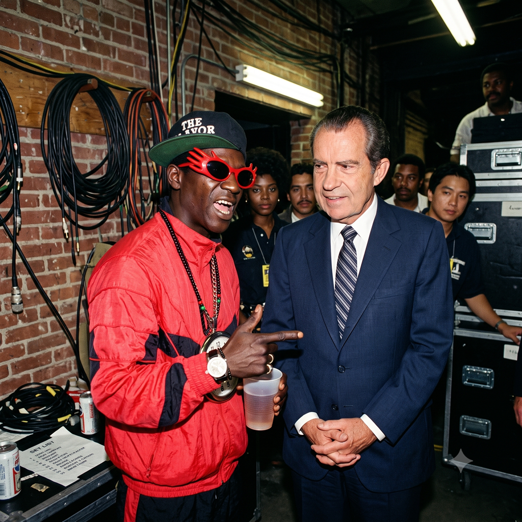 A 1989 flash-photograph showing a young Flavor Flav in a bright red tracksuit, clock necklace, and hand-shaped sunglasses speaking to a smiling Richard Nixon in a navy suit backstage.