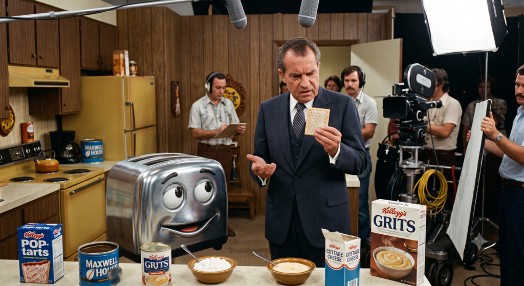 A 1980s color production still of a Richard Nixon lookalike in a dark suit standing on a wood-paneled kitchen set. He holds a frosted Pop-Tart and stares at it with a deeply confused expression. Next to him on the counter is a large, retro chrome toaster with googly eyes, a smiling face.
