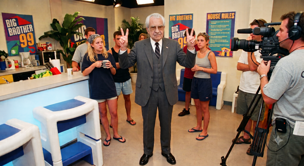 A photograph from a 1999 reality television set showing a man resembling Richard Nixon wearing an old-man prosthetic disguise with a thick white hairpiece and glasses. He stands in a full grey three-piece business suit, dress shoes, and tie while making two-handed "V for victory" signs. Surrounding him are confused, casually dressed young houseguests in shorts and t-shirts, with a production camera operator filming the scene.