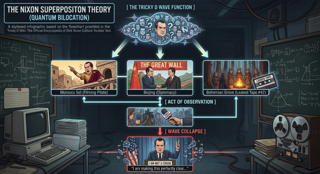 An intricate vintage-style infographic illustration details "THE NIXON SUPERPOSITION THEORY (QUANTUM BILOCATION)." Below the main title and sub-header "BEAUTIFUL," a top box with a glowing cloud of multiple Richard Nixon faces and question marks points arrows down to three distinct scenes: a box titled "Morocco Set (Filming Pilate)" with an illustrated Nixon as a Roman soldier on a balcony; a box titled "Beijing (Diplomacy)" with an illustration of Nixon shaking hands with Mao Zedong in front of a Chinese flag with "THE GREAT WALL" text; and a box titled "Bohemian Grove (Leaked Tape #42)" showing a forest scene with cloaked figures and an old cassette tape labeled "LEAKED TAPE." Horizontal arrows from these three boxes converge on a vertical line labeled "[ ACT OF OBSERVATION ]," which in turn points down to a scene titled "[ WAVE COLLAPSE ]" depicting a press conference with microphones and cameras. From this scene, a downward red arrow points to a final illustration at the bottom showing a resolute Nixon at a podium with two V-for-victory signs, labeled with a banner "I AM NOT A CROOK" and the quote '"I am making this perfectly clear..."'. The entire diagram is set against a detailed background of chalkboards with mathematical formulas, an old computer, stacks of punch cards and folders, and a reel-to-reel tape recorder,