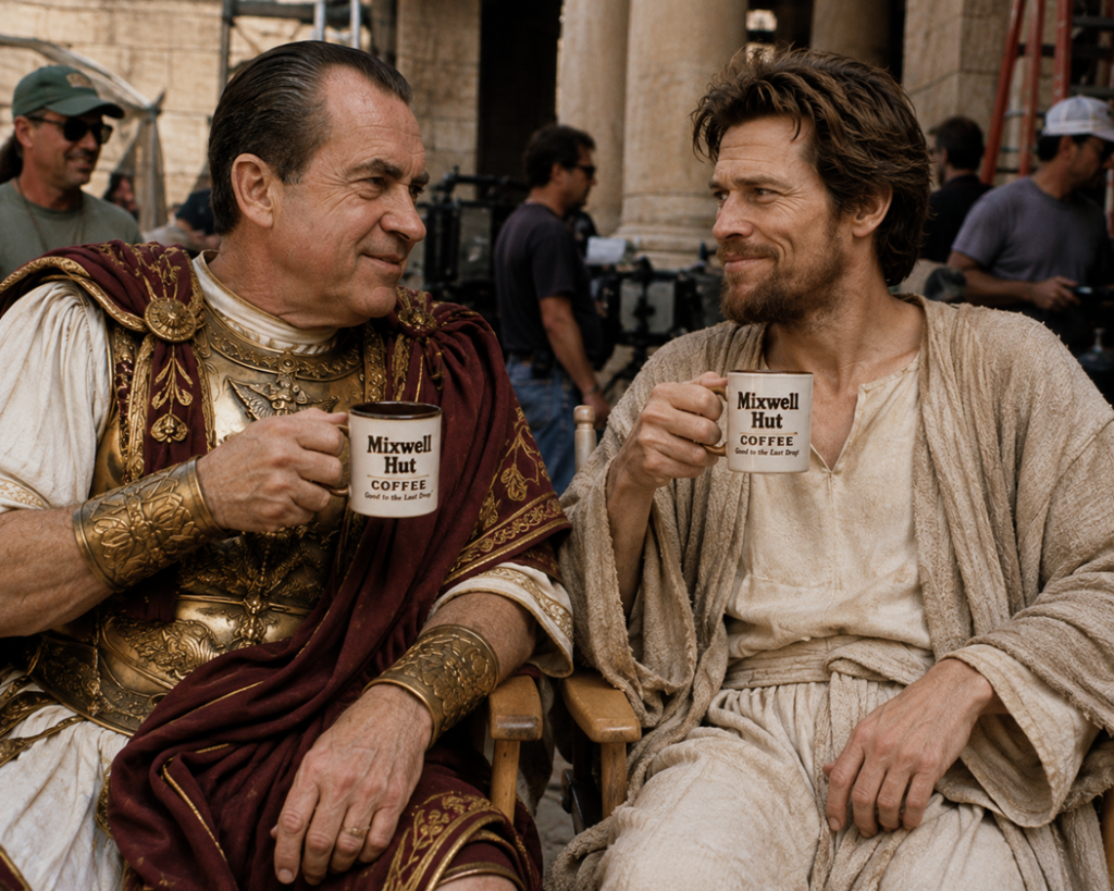 Richard Nixon as Pontius Pilate and Willem Dafoe as Jesus sit together in full costume, smiling and drinking Mixwell Hut coffee between takes on the set of The Last Temptation of Christ.