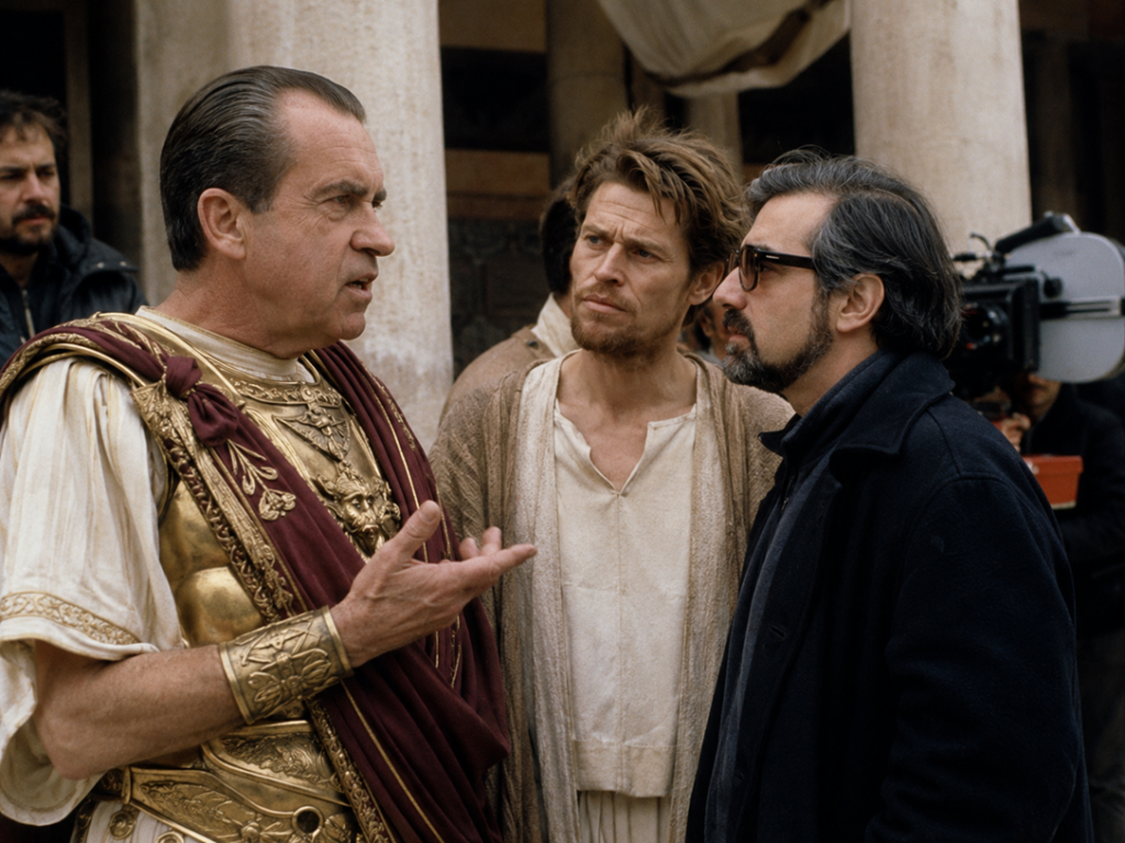 Richard Nixon dressed as Pontius Pilate talks with Willem Dafoe and director Martin Scorsese on the set of The Last Temptation of Christ.