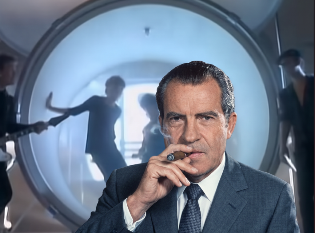 A photomontage featuring Richard Nixon in a dark suit smoking a cigar, set in front of the giant bass drum set from Hall & Oates' "Out of Touch" music video with dancers in the background.