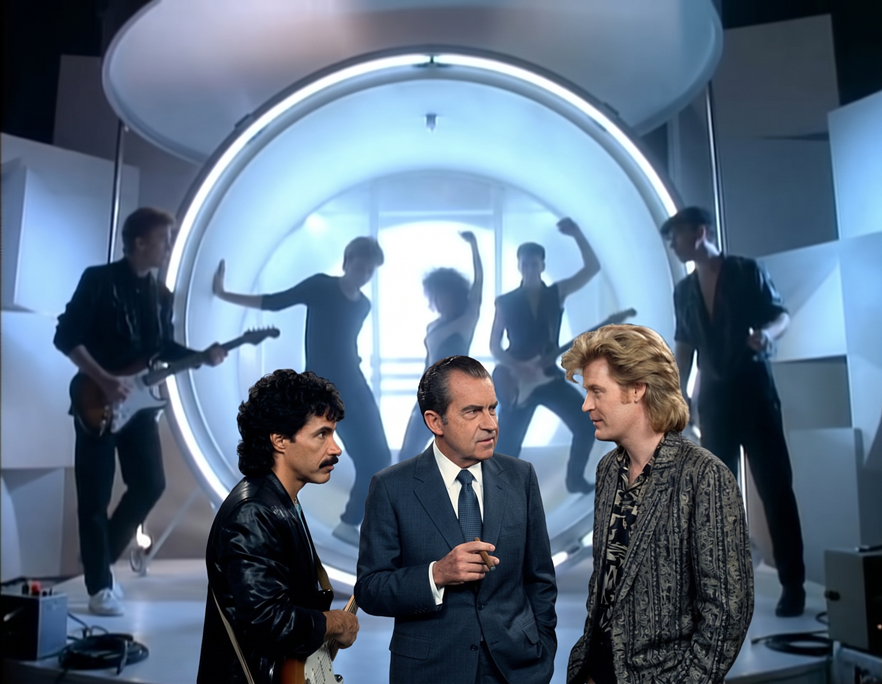 A surreal studio photograph featuring former U.S. President Richard Nixon in a dark business suit holding a cigar, standing alongside musicians Daryl Hall and John Oates on the futuristic music video set of "Out of Touch."
